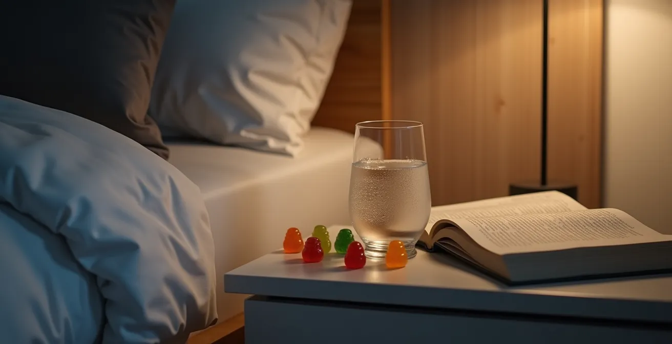 Minimalist bedroom with soft natural light, showing sleep essentials including a balanced bedside table with supplements, a water glass, and a book
