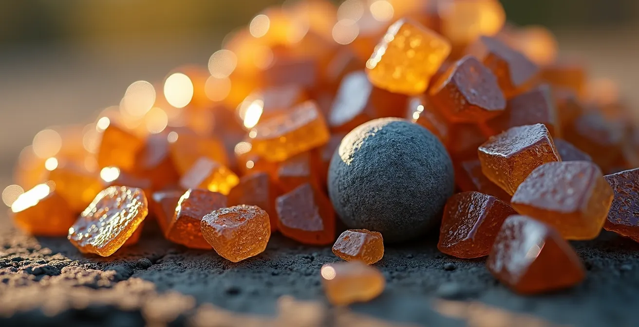 Macro shot of natural minerals and plant extracts textures with warm lighting and soft shadows