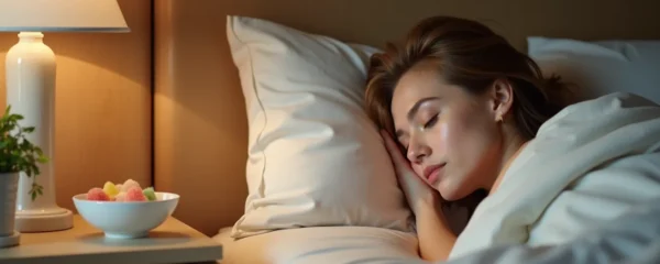 A peaceful person resting comfortably in bed with a small bowl of sleep gummies on the nightstand, softly lit with natural warm light, clean background with negative space