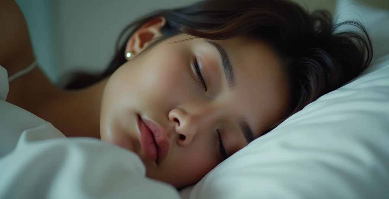 Close-up of a sleeping person with a calm face, soft natural lighting highlighting serene expression, texture of bed linens visible